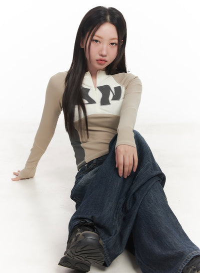 stitched-half-zip-long-sleeve-crop-top-ca521 / Beige