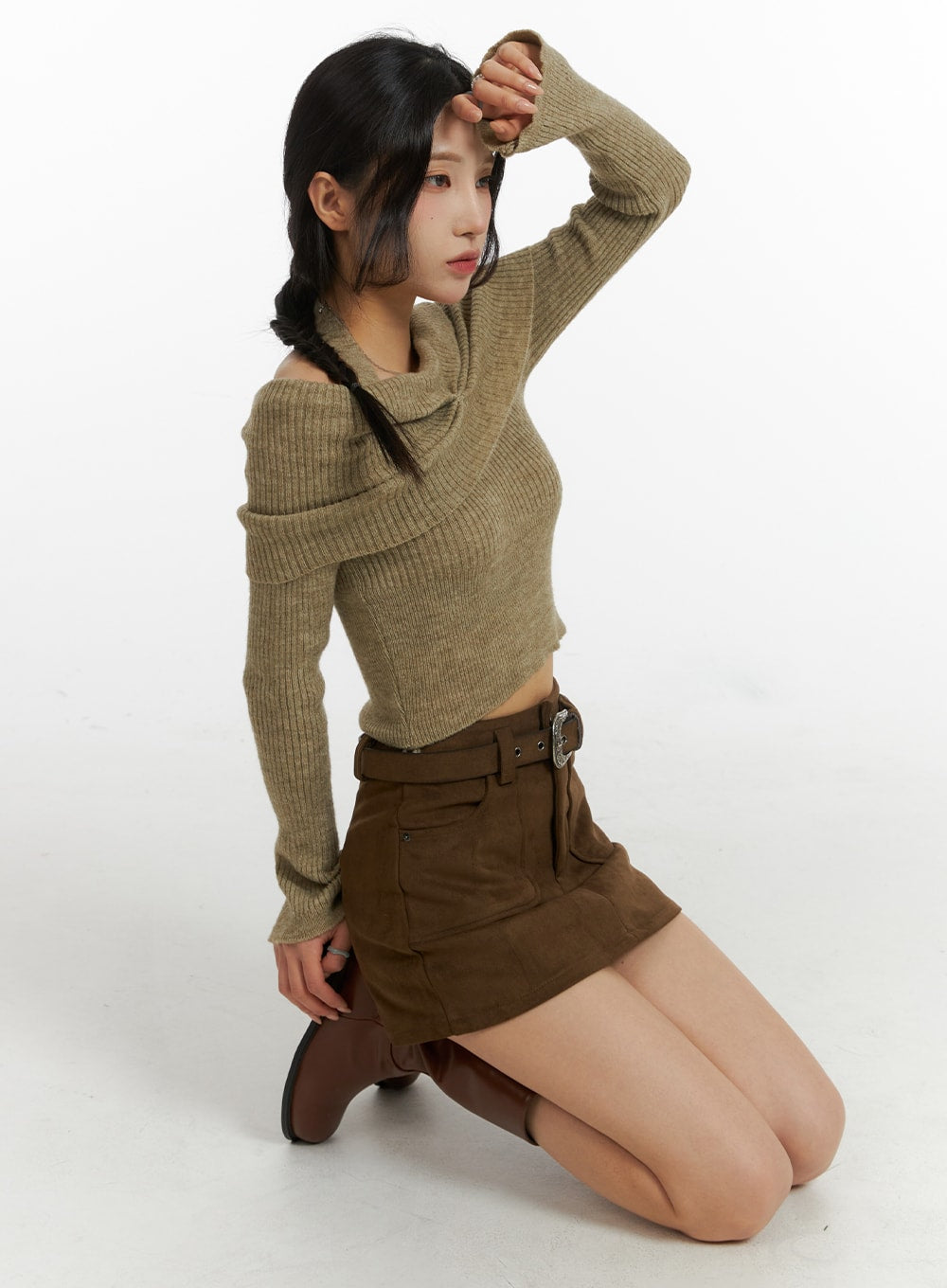 cozy-off-shoulder-asymmetrical-knit-top-cj417 / Beige