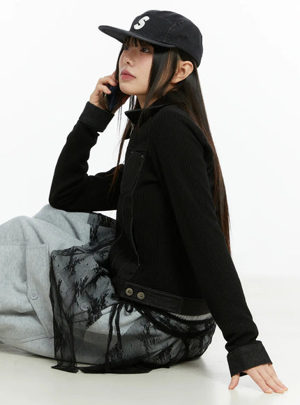 ribbed-zip-up-denim-jacket-cf509 / Black