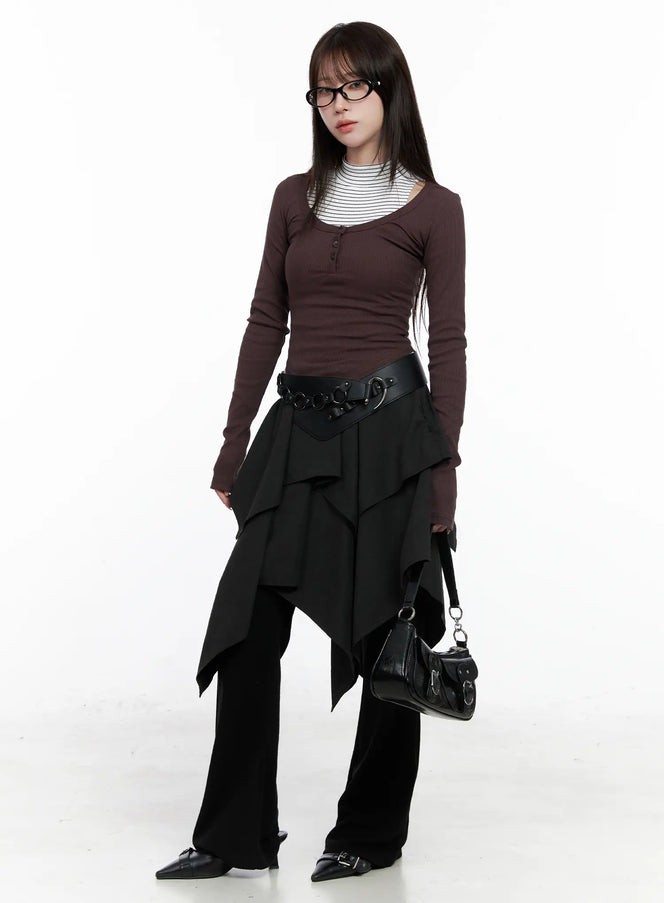 asymmetric-suede-ruffle-midi-skirt-co521 / Black