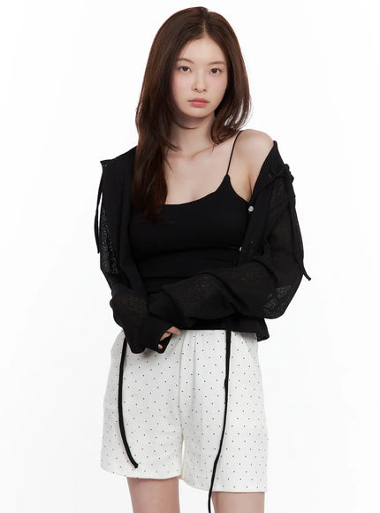 mesh-button-up-hoodie-cardigan / Black
