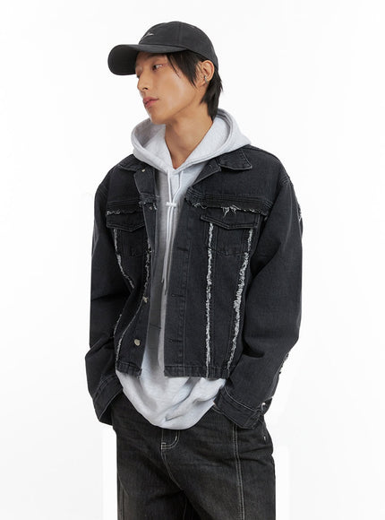 mens-fray-detail-denim-jacket-io417 / Black