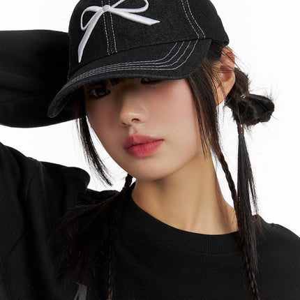 ribbon-stitch-denim-cap-if421 / Black