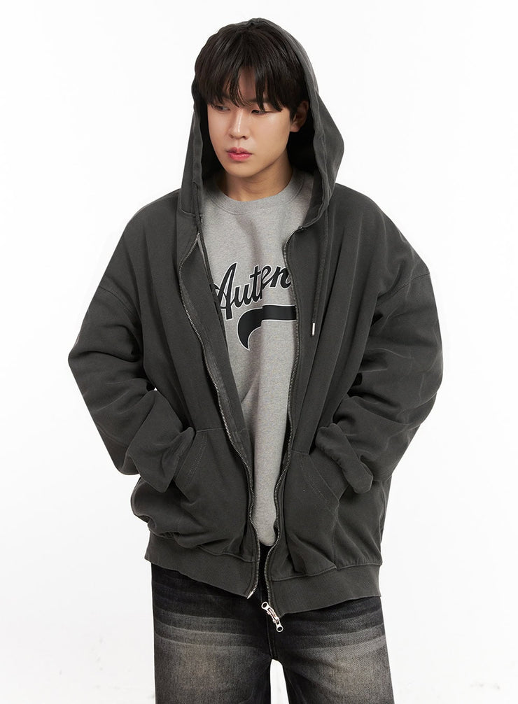 mens-oversized-washed-zip-up-hoodie-ij517 / Black