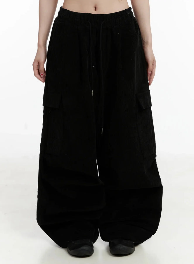 corduroy-wide-cargo-pants-ij521 / Black