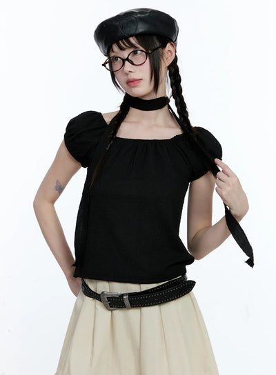 puff-sleeve-shirred-scarf-top-cg507 / Black