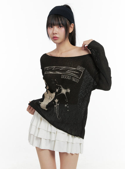 printed-off-shoulder-knit-top-os409 / Black