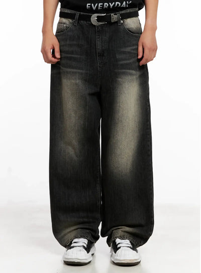 mens-brushed-wide-leg-denim-jeans-il521 / Black