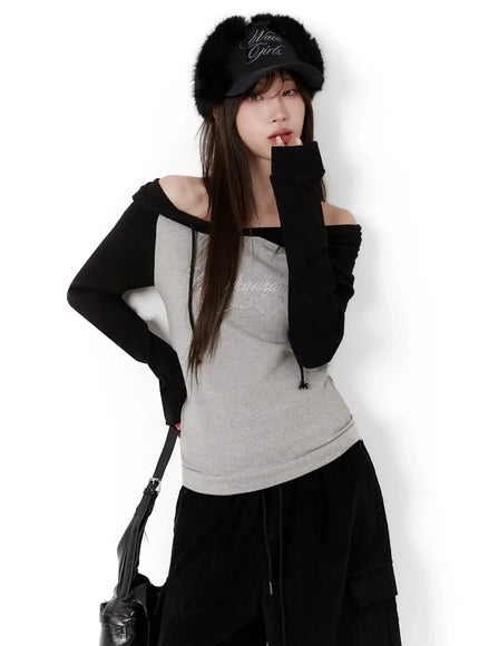 off-shoulder-hooded-lettering-top-ij521 / Black