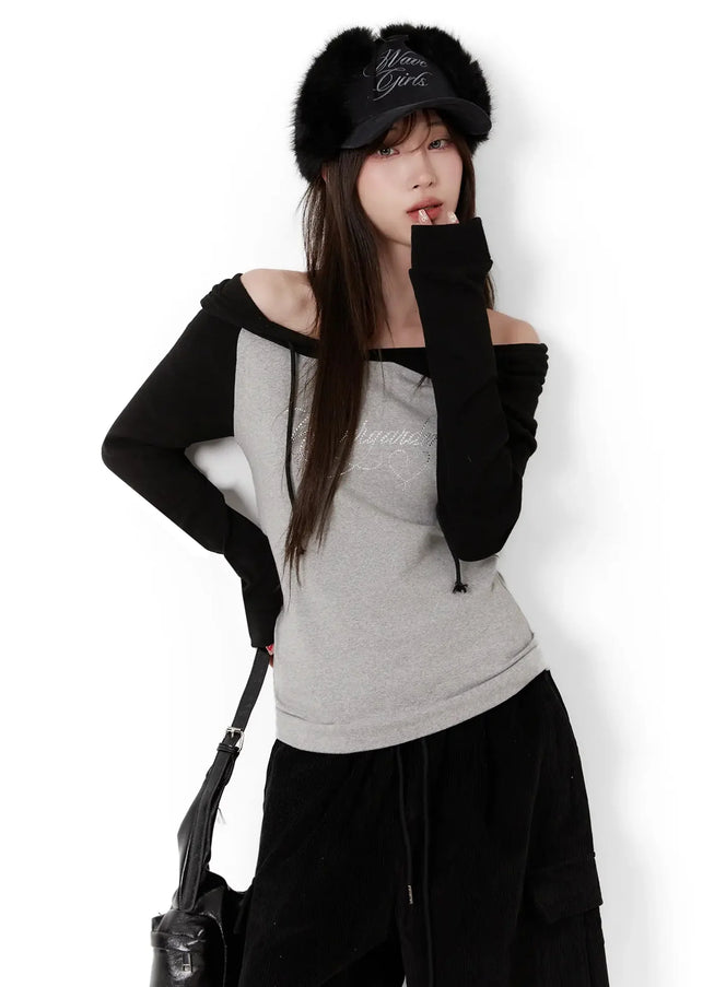 off-shoulder-hooded-lettering-top-ij521 / Black