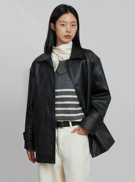 matte-faux-leather-half-jacket-id504 / Black