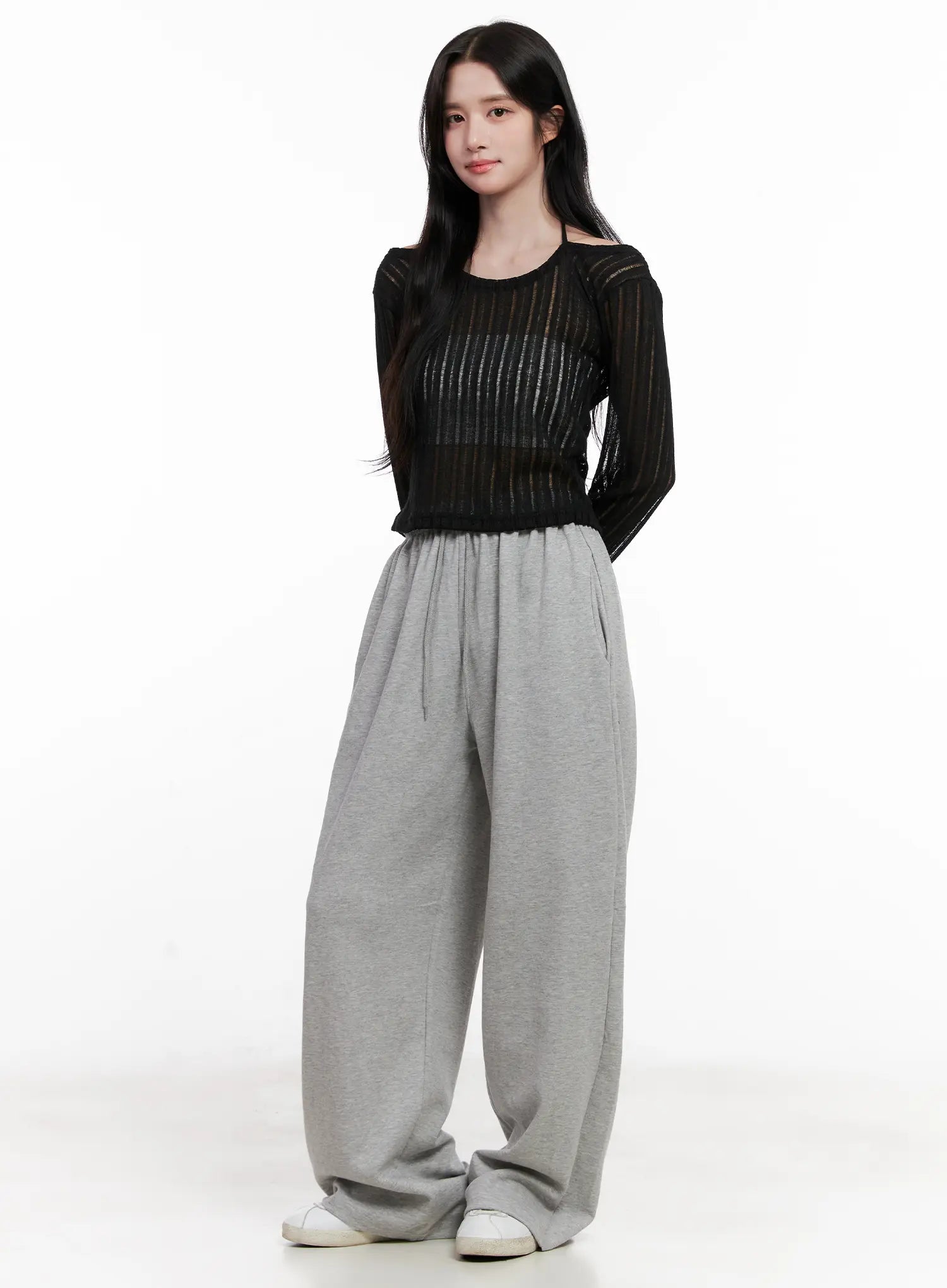 sheer-linen-long-sleeve-top-cl515 / Black