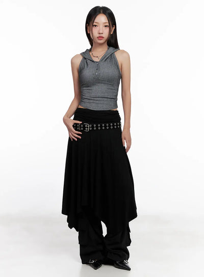 asymmetric-frill-midi-skirt-cl518 / Black