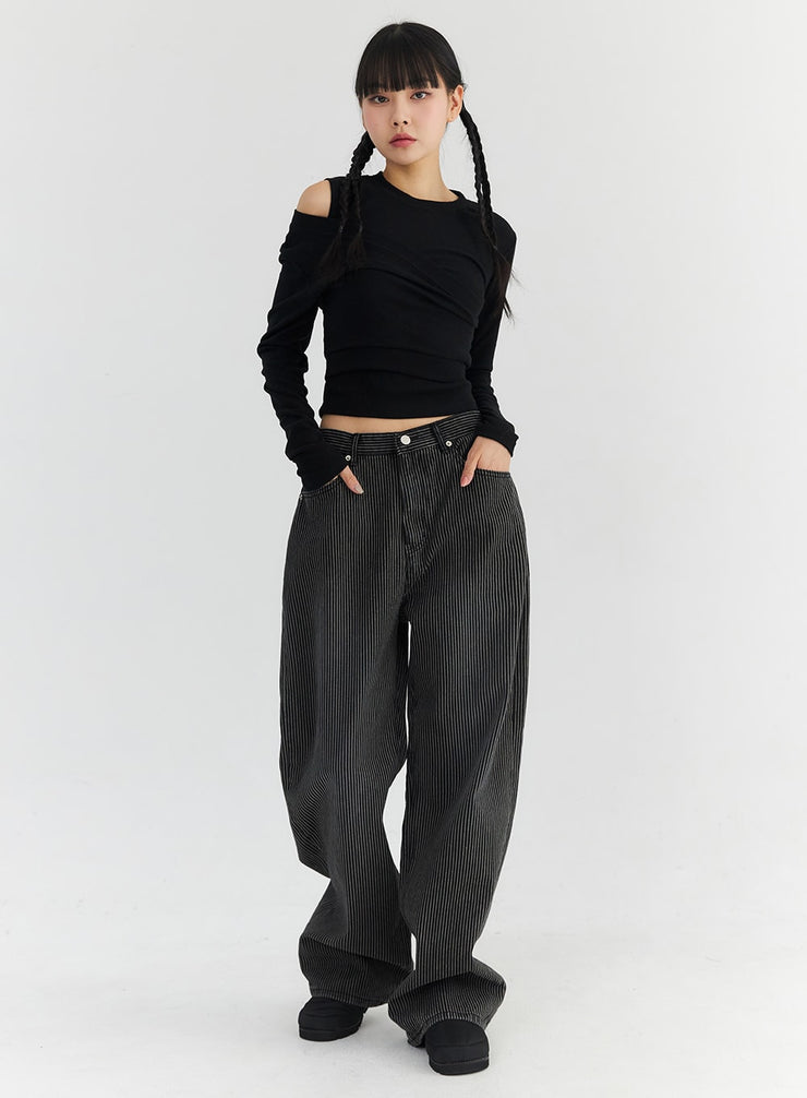 stripe-cotton-wide-leg-pants-co330 / Black