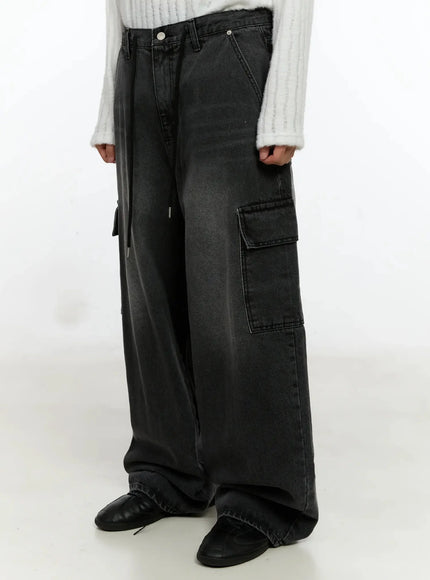 mens-dark-washed-cargo-wide-pants-in525 / Black