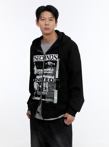 mens-graphic-print-oversized-zip-up-hoodie-io428 / Black