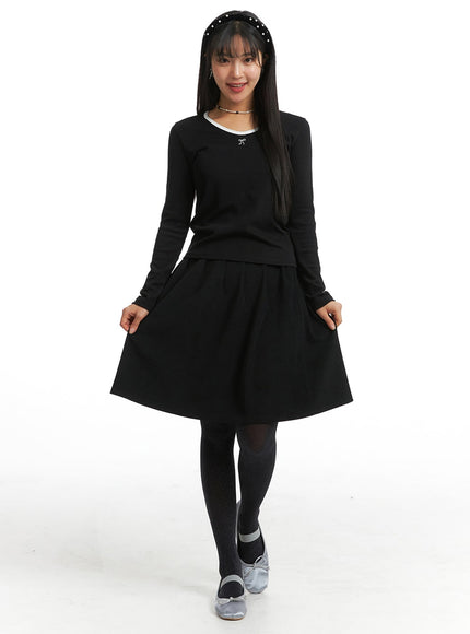 banding-pleated-mid-skirt-oj405 / Black