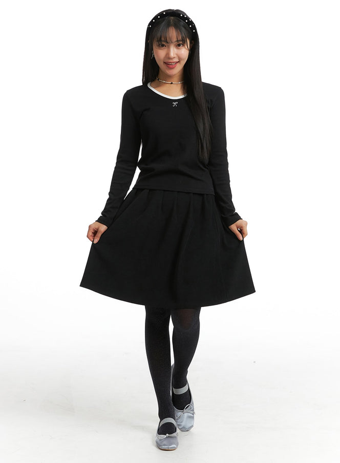 banding-pleated-mid-skirt-oj405 / Black