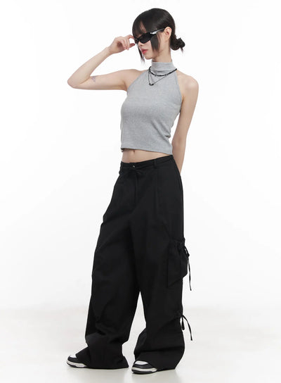 strap-cargo-wide-leg-pants-cu518 / Black