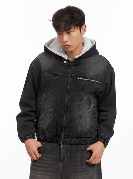 mens-warm-hooded-zip-up-denim-jacket-id431 / Black