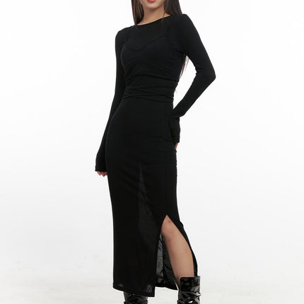 elegant-round-neck-long-sleeve-maxi-dress-cn419 / Black