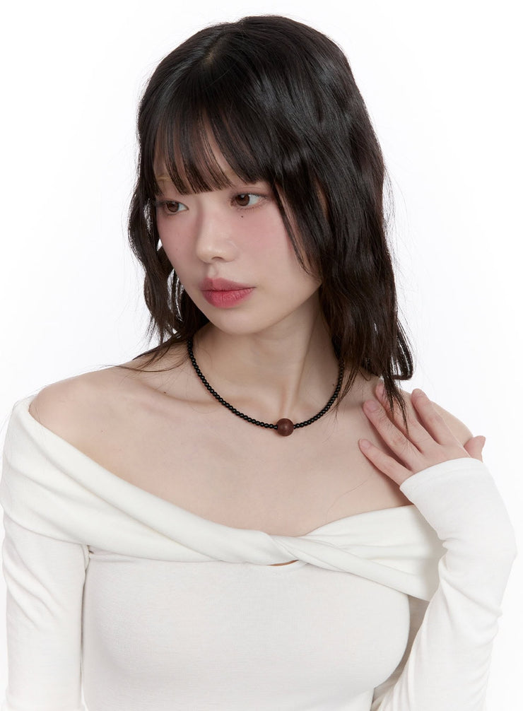 wooden-marble-choker-necklace-cf511 / Black