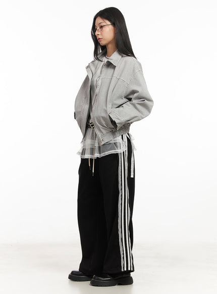 lace-trim-striped-sweatpants-cm504 / Black