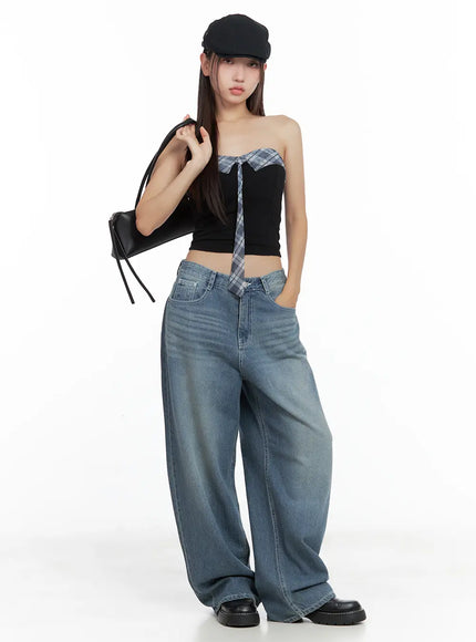 contrast-plaid-tie-tube-top-cl508 / Black