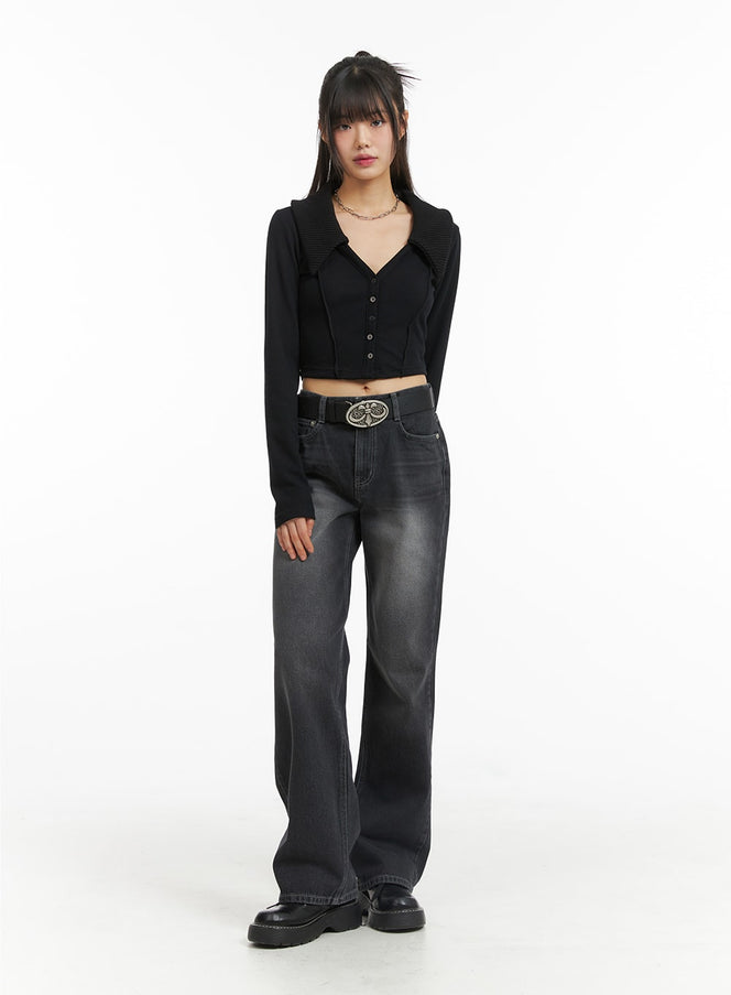 washed-wide-denim-cj415 / Black