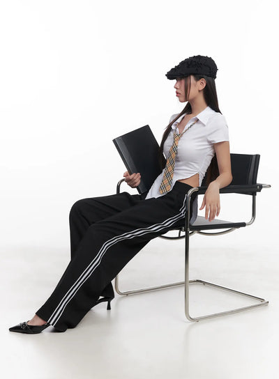 pintuck-striped-wide-fit-pants-cu517 / Black
