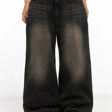 ari-washed-wide-leg-denim-jeans-cl521 / Black