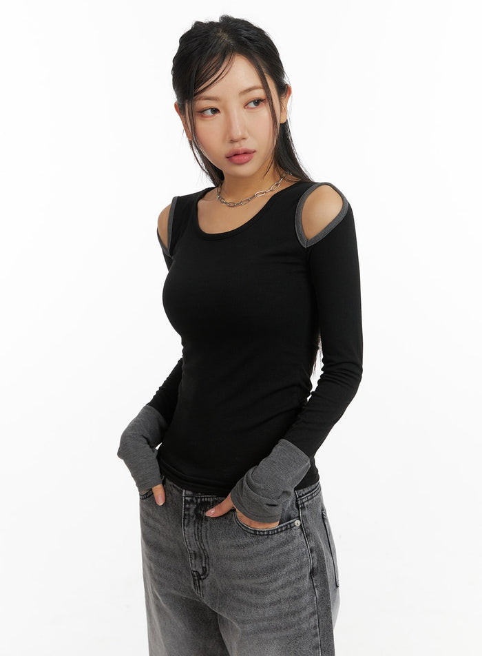 shoulder-cut-out-contrasting-long-sleeve-cm412 / Black
