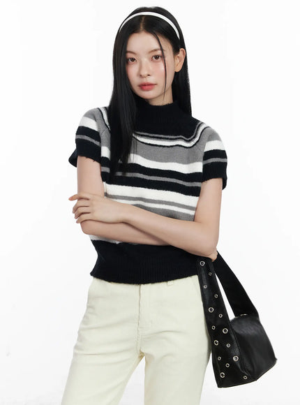 striped-turtleneck-short-sleeve-knit-top-cj520 / Black