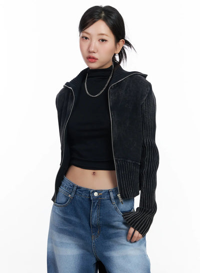 ribbed-high-neck-zip-up-cardigan-cj530 / Black