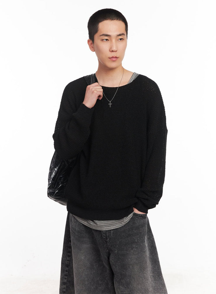 mens-cozy-waffle-knit-sweater-iy505 / Black