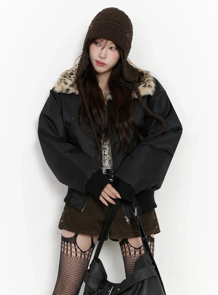 leopard-print-fur-collar-bomber-jacket-in525 / Black