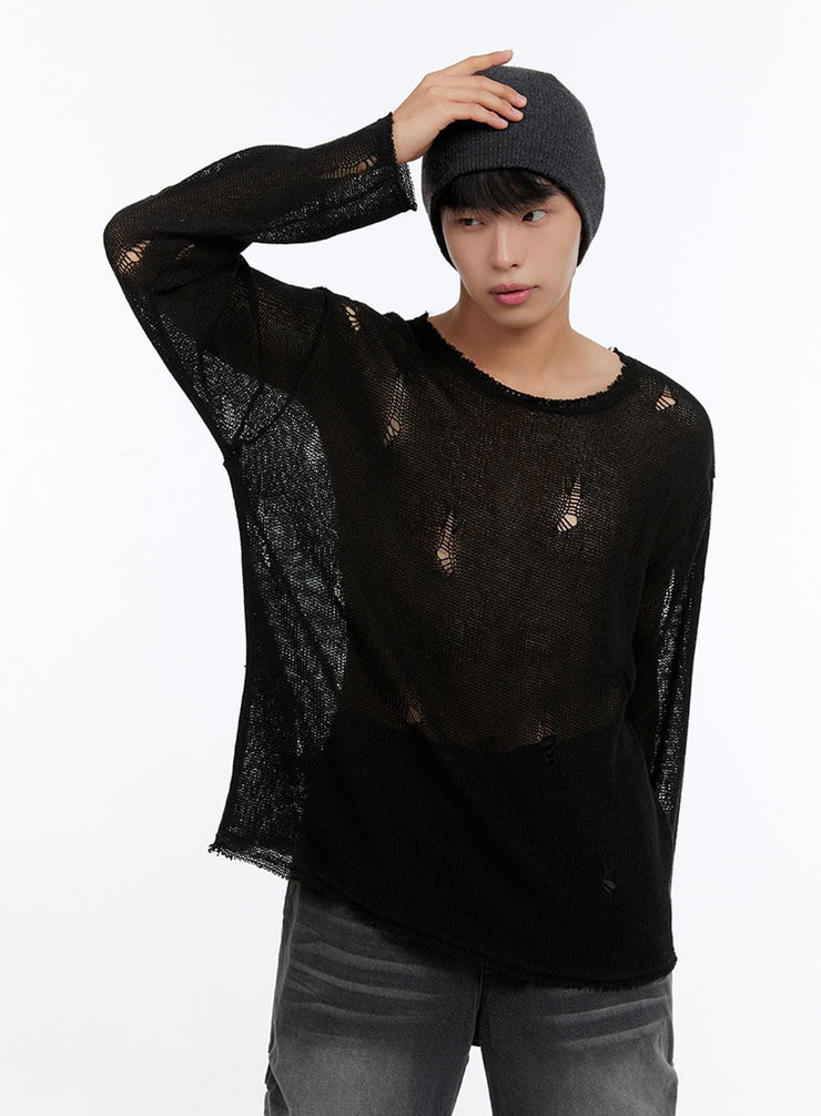 mens-sheer-distressed-knit-top-is412 / Black