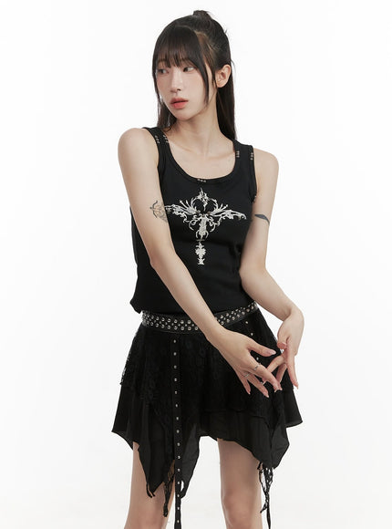 studded-graphic-tank-top-cy407 / Black