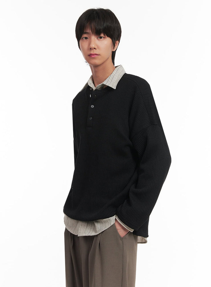 Men's Ribbed Buttoned Long-Sleeve Shirt IA510