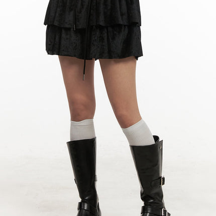 velvet-ruffle-mini-skirt-cj508 / Black