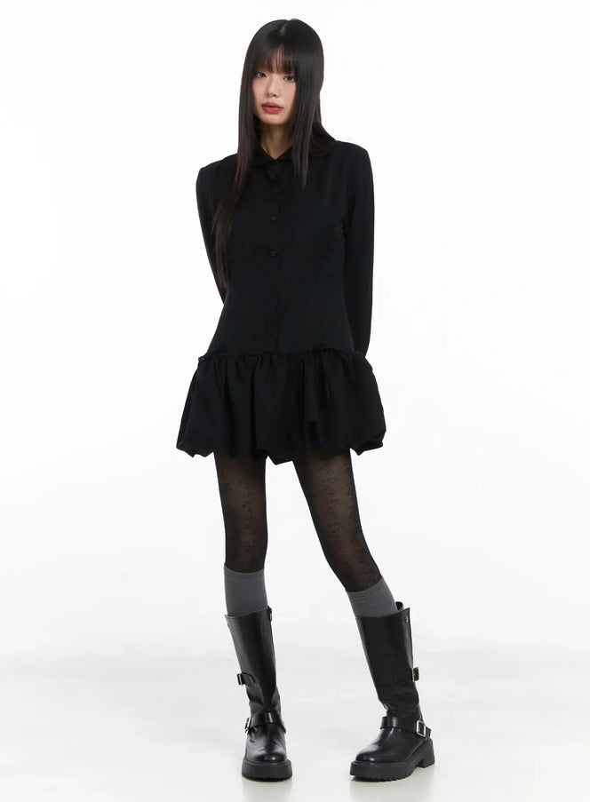 collared-balloon-mini-dress-cd518 / Black
