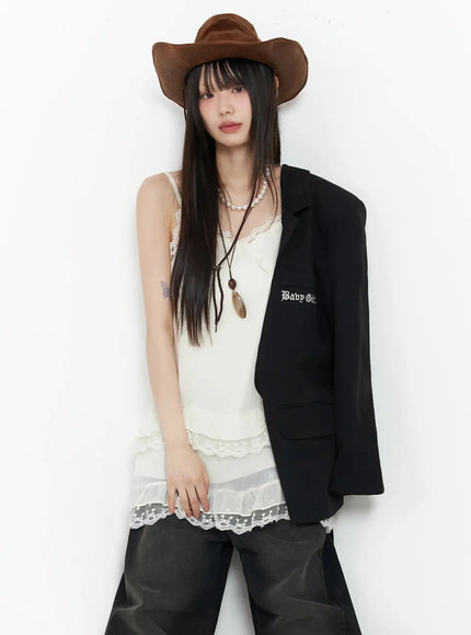 lettering-embroidered-oversized-blazer-im530 / Black