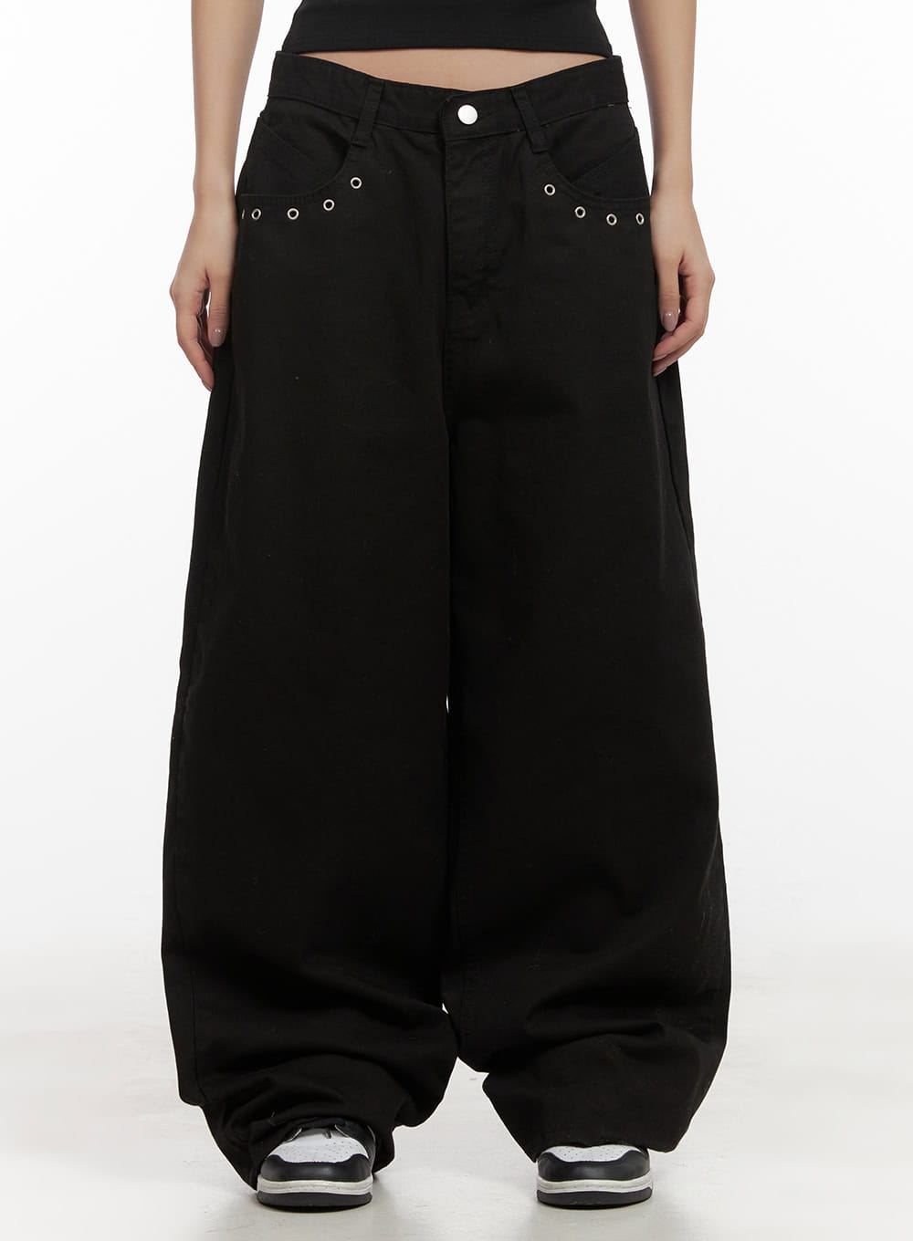 cotton-eyelet-detail-wide-leg-pants-cd416 / Black