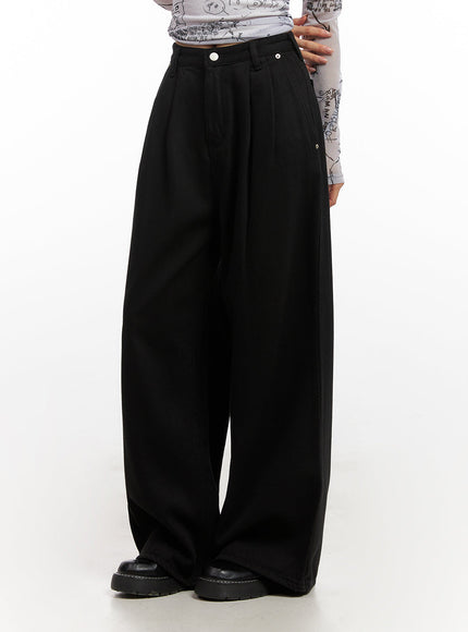 pintuck-wide-leg-cotton-pants-cn426 / Black