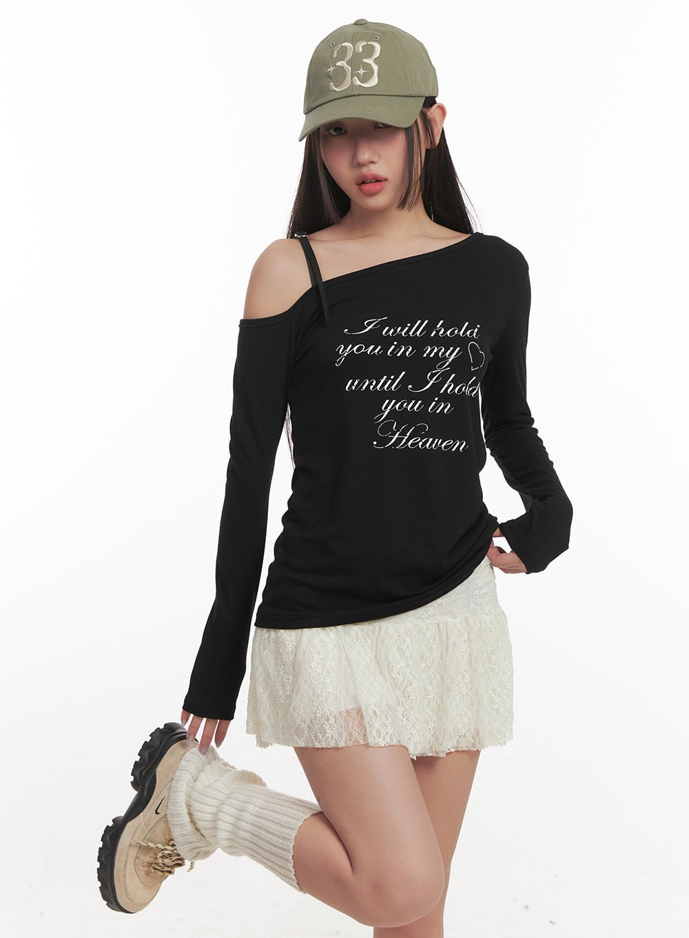 Letter Print One-Shoulder Long Sleeve Top CF524