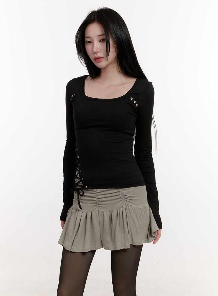 asymmetric-lace-up-slim-fit-top-cj531 / Black