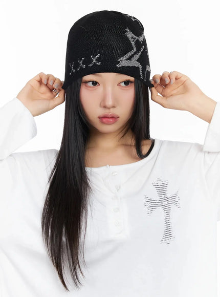 retro-star-knit-beanie-ca513 / Black