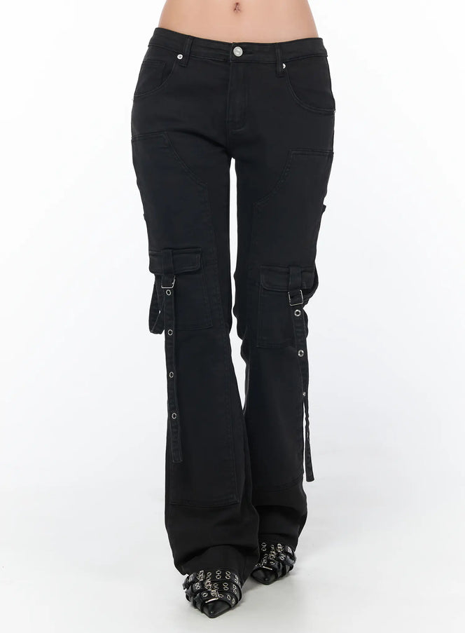 black-bucle-bootcut-cargo-pants-cy513 / Black