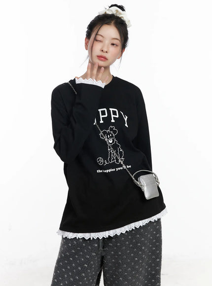 oversized-graphic-lace-tee-cj519 / Black