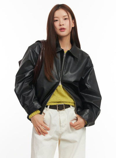 faux-leather-zip-up-bomber-jacket-im513 / Black